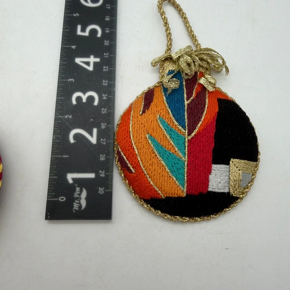 Vintage Needlepoint Heart & Abstract Embroidered Christmas Ornaments‎ Set of 2